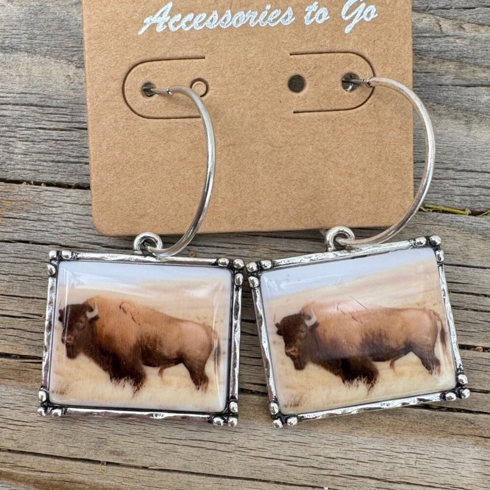 Accessories To Go Bison Buffalo Hoop Earrings Western Statement NWT